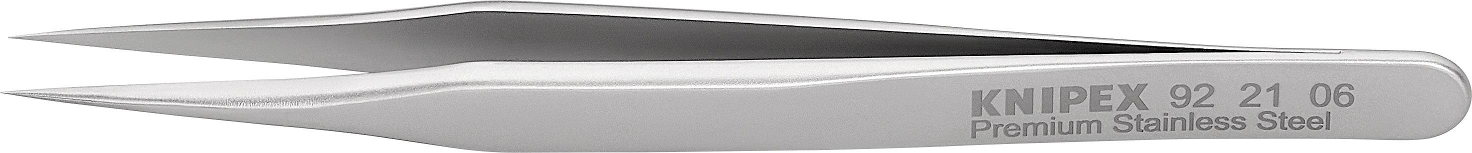 Une pincette de précision en acier inoxydable, vue de côté. Sur le côté, il est inscrit « Knipex 92 21 06 Premium Stainless Steel ».