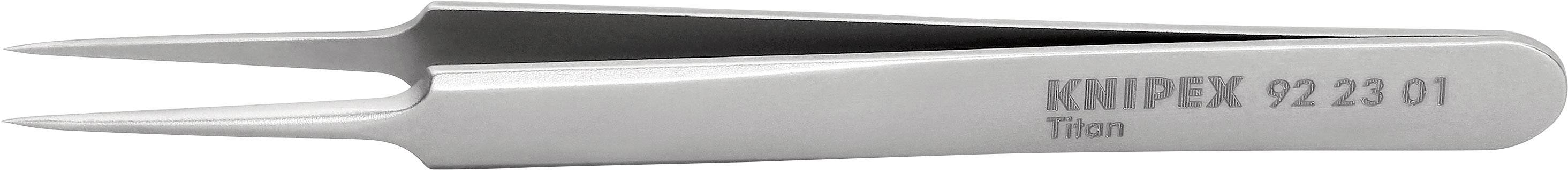Pince brucelles en acier inoxydable aux extrémités pointues, vue de côté. Sur la surface est inscrit « Knipex 92 23 01 Titan ».