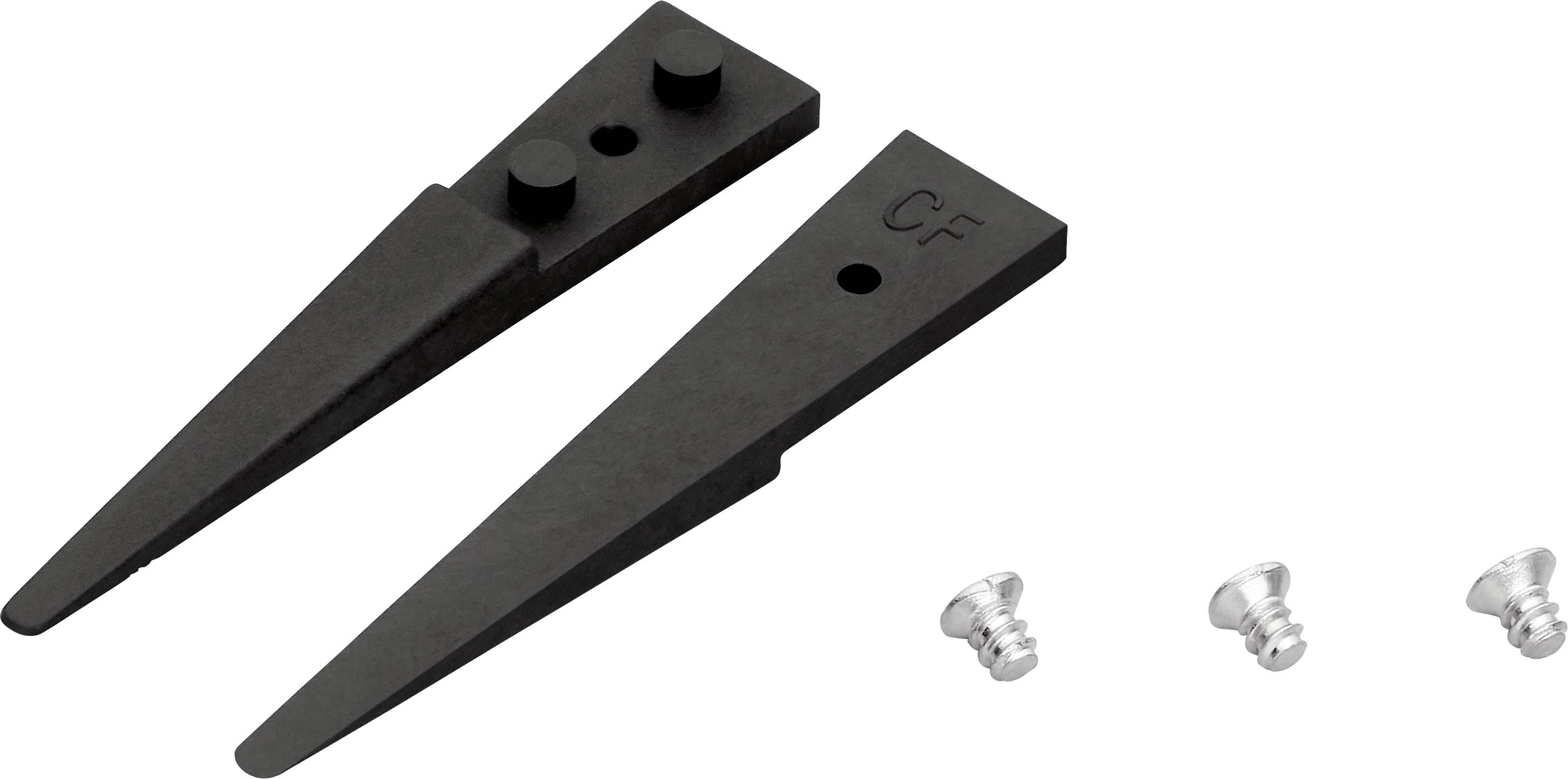 Deux coins noirs avec deux vis. Les coins sont rectangulaires avec des extrémités pointues et de petites encoches. Les vis sont argentées.