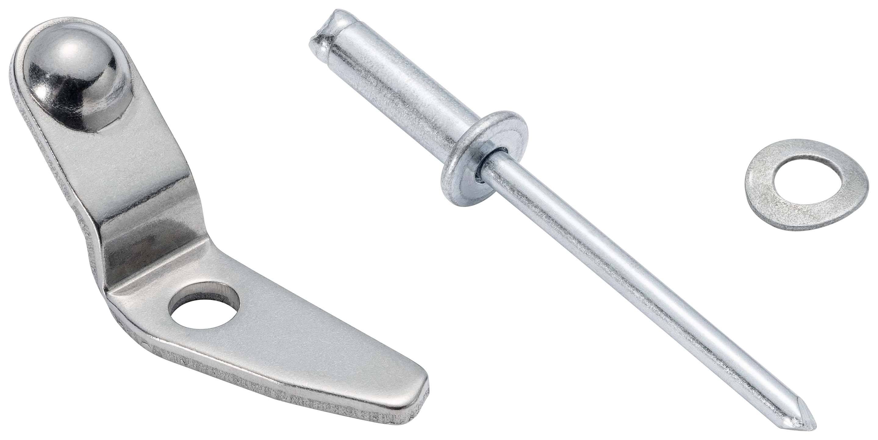 Charnière métallique et rivets sur fond blanc.