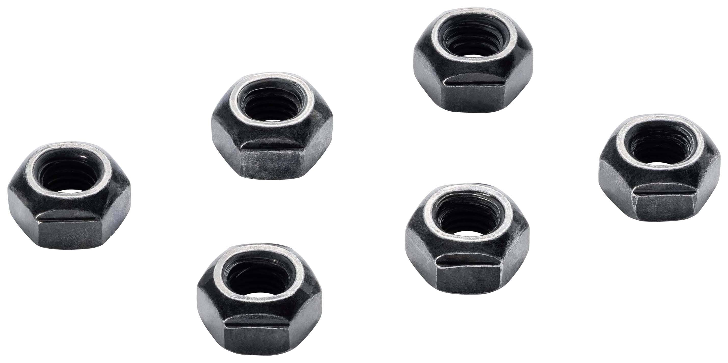 Six écrous hexagonaux noirs, répartis uniformément, sur un fond blanc.