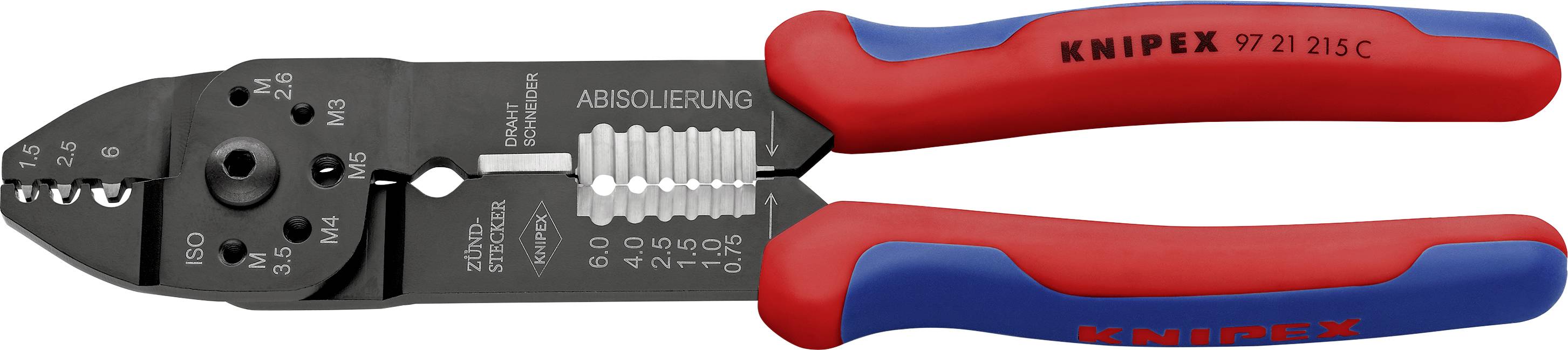 Pince à dénuder avec poignées rouge et bleue, adaptée pour le dénudage et la coupe de câbles de différentes tailles.