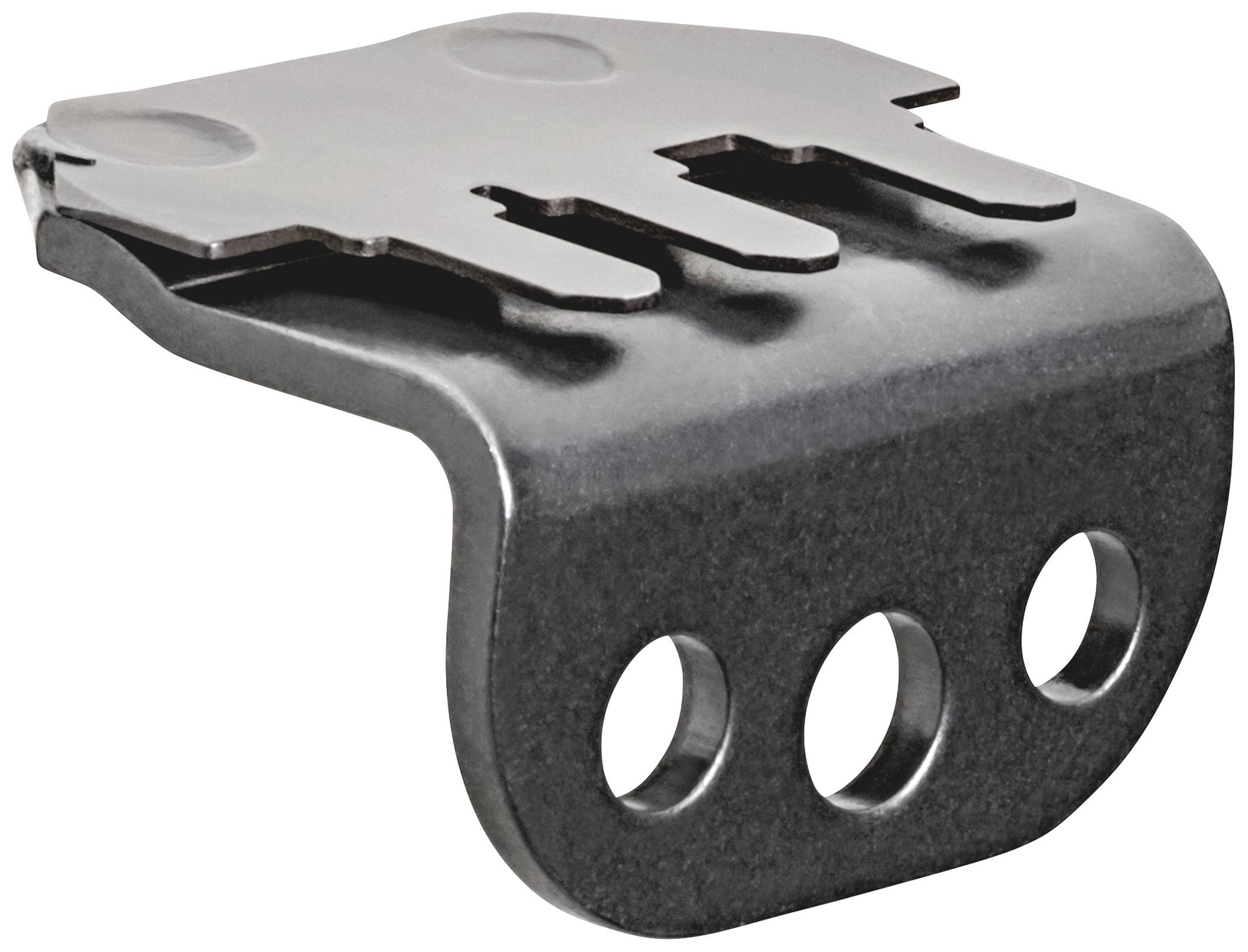 Agrafe métallique à trois trous, adaptée pour la fixation ou le montage, présentant une forme incurvée avec une surface supérieure plate.