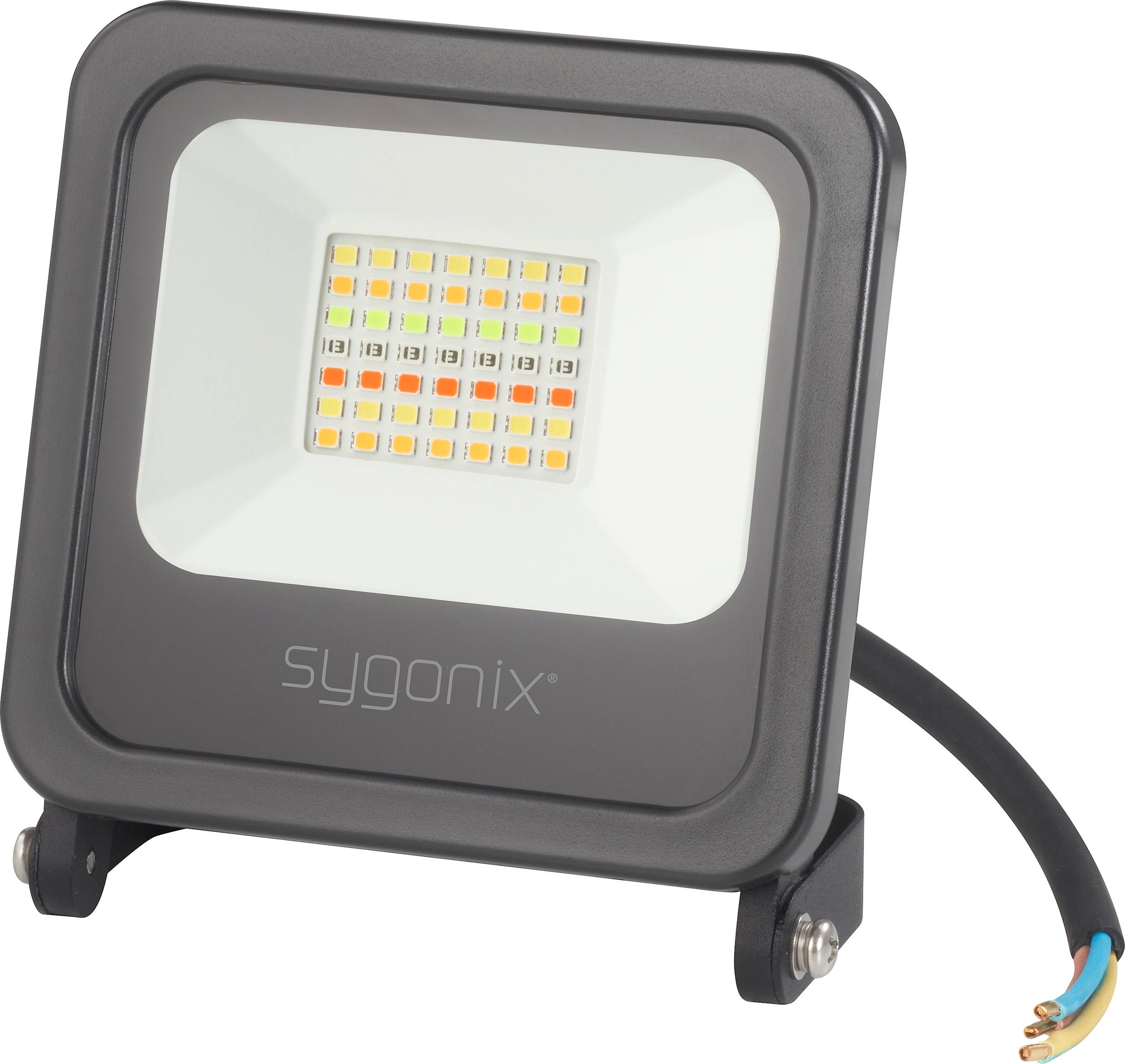 Un projecteur à LED avec boîtier noir et surface lumineuse visible, connecté à un câble, sur un fond blanc.
