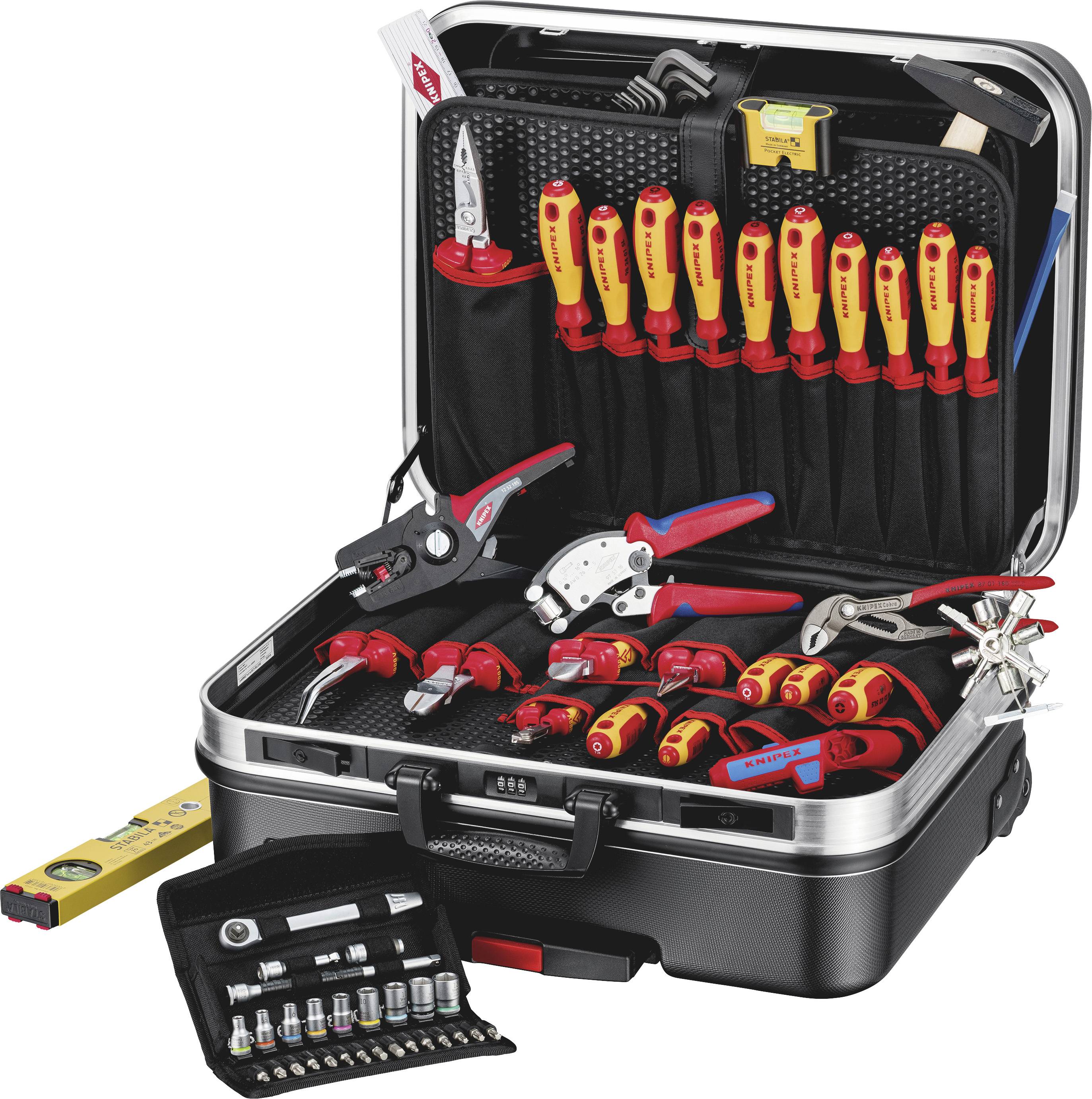 Une boîte à outils ouverte contenant des tournevis, des pinces, des douilles et d'autres outils manuels, soigneusement rangés.