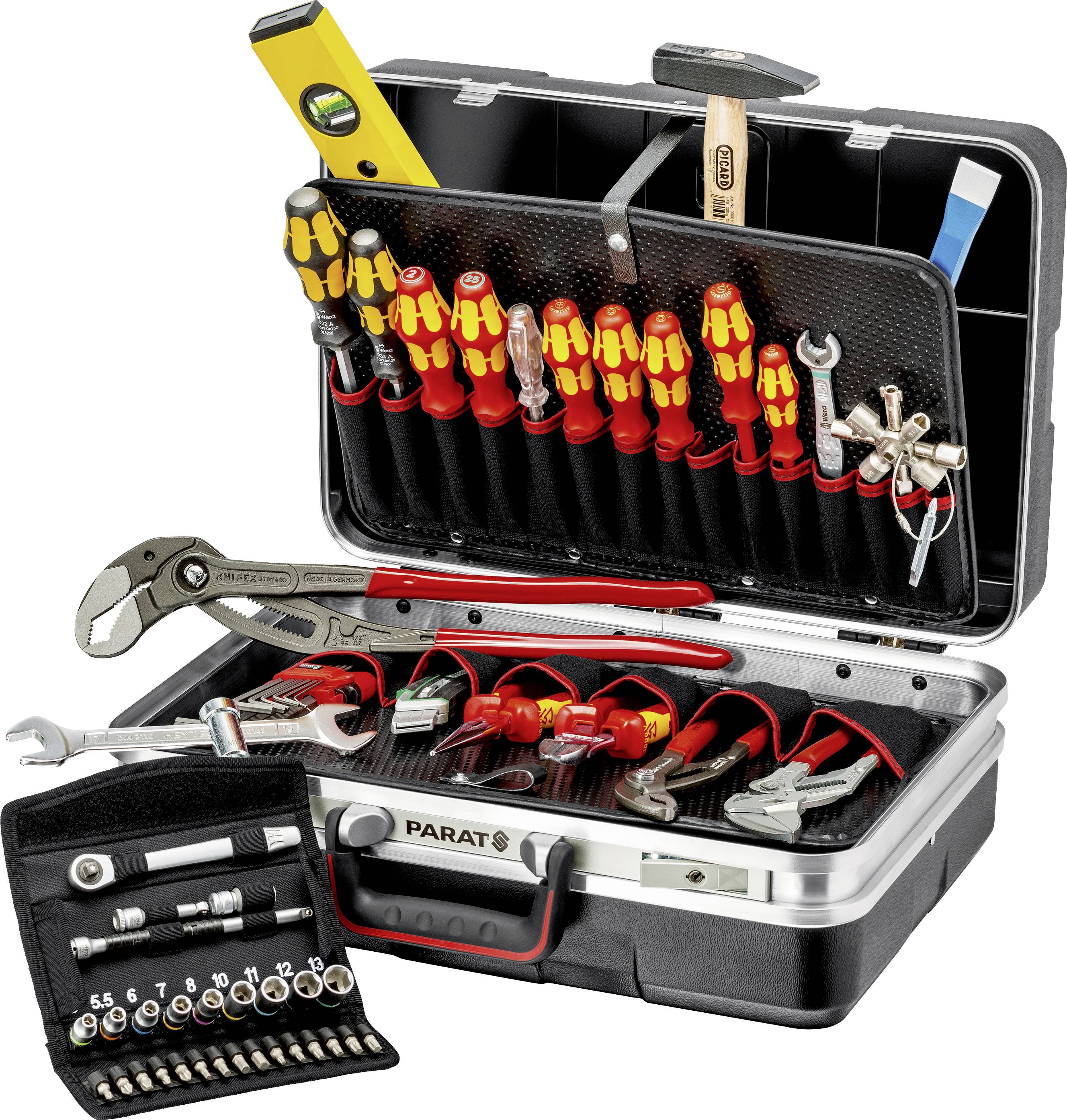 Une boîte à outils ouverte contenant des tournevis, des clés, des clés à molette et un mètre ruban. Accessoires pour travaux de réparation.