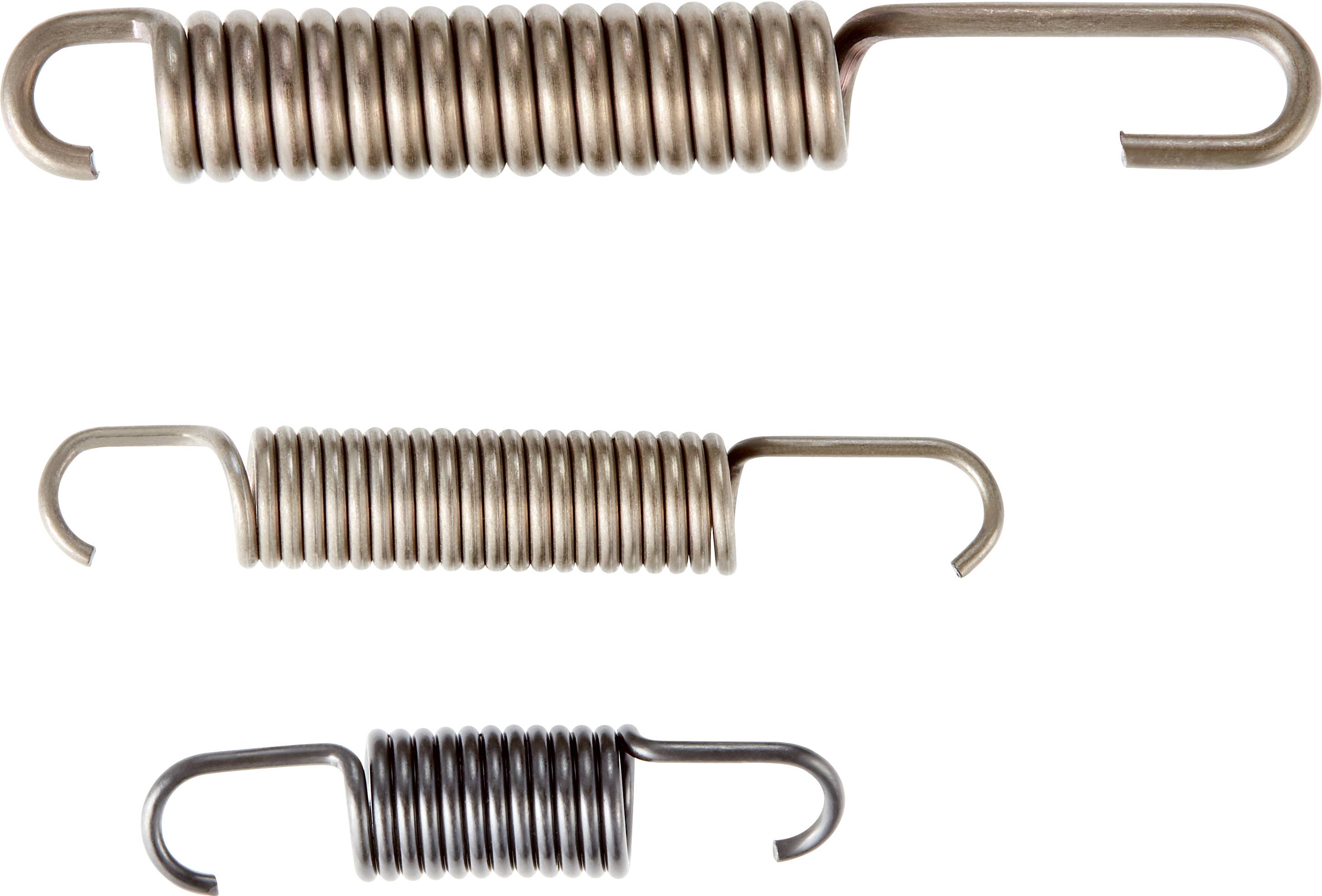 Trois ressorts métalliques de différentes tailles et couleurs sur un fond blanc, chacun muni de crochets aux deux extrémités.