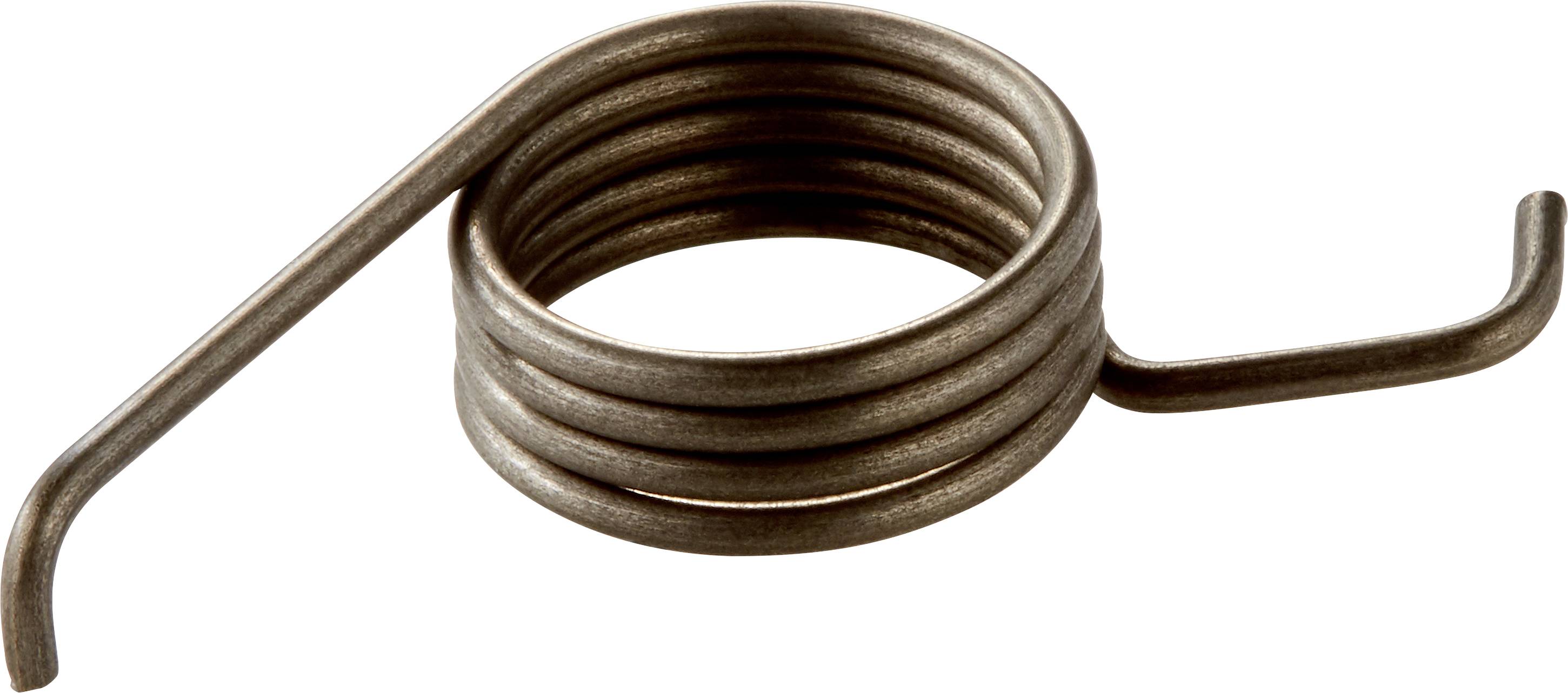 Un ressort de traction métallique compact composé de plusieurs spires disposées en cercle étroit. Les deux extrémités sont recourbées.