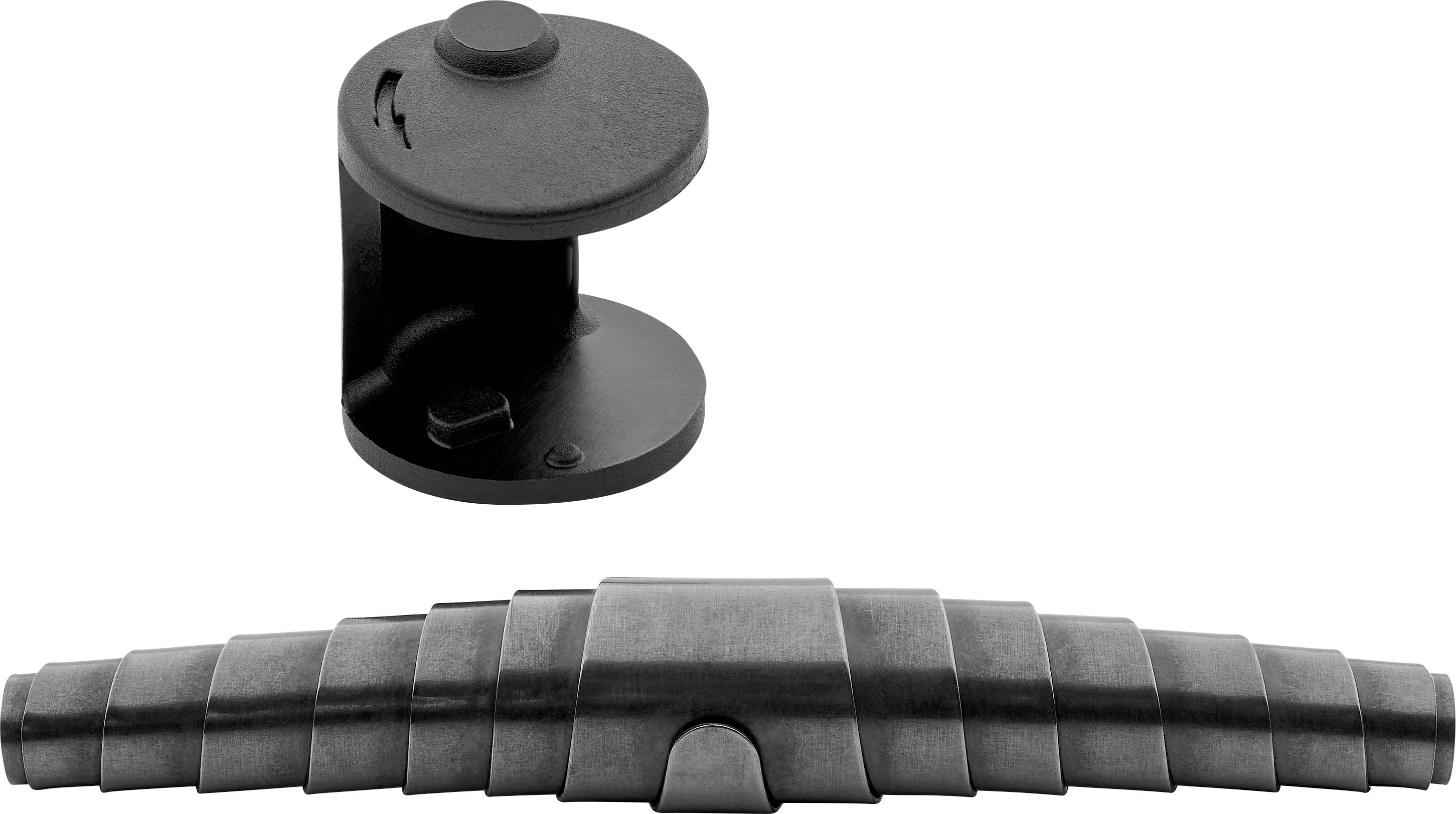 Un support rond noir en plastique et un composant incurvé. Probablement des pièces accessoires pour un mécanisme.