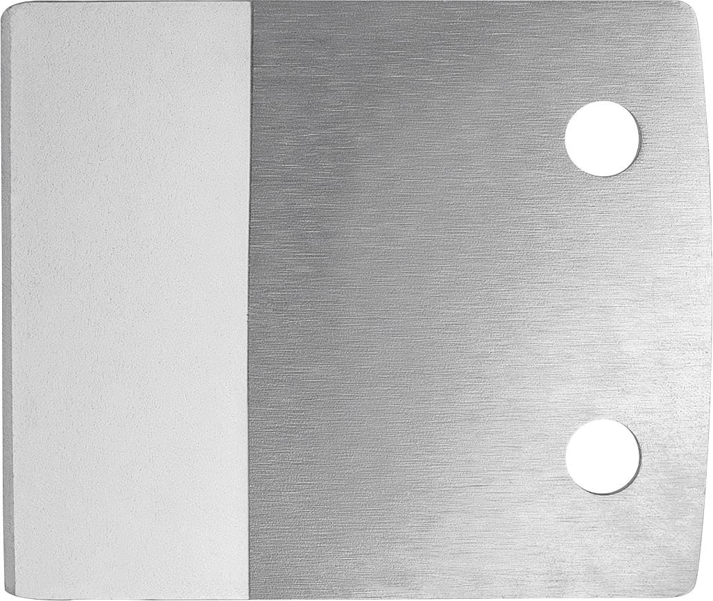 Une plaque métallique rectangulaire, mi-brillante et mi-brossée, percée de deux trous circulaires sur le côté droit.