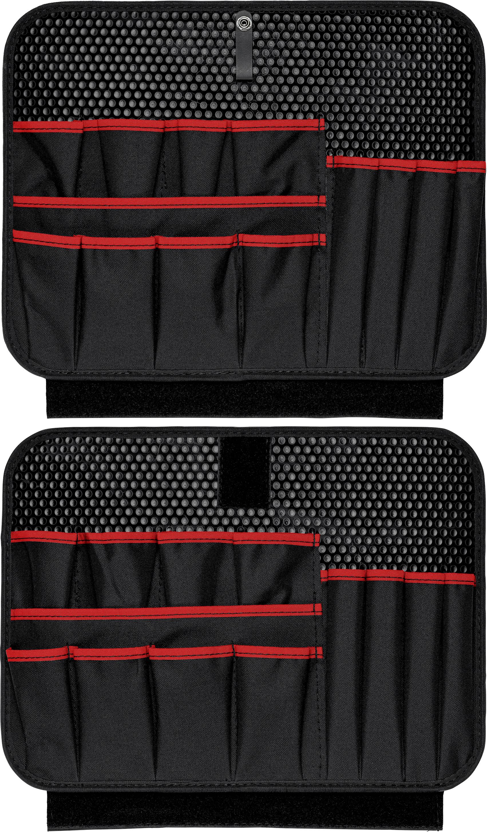Deux sacs de rangement noirs avec une bordure rouge et plusieurs compartiments, adaptés à l'organisation des outils, sur un fond gris.