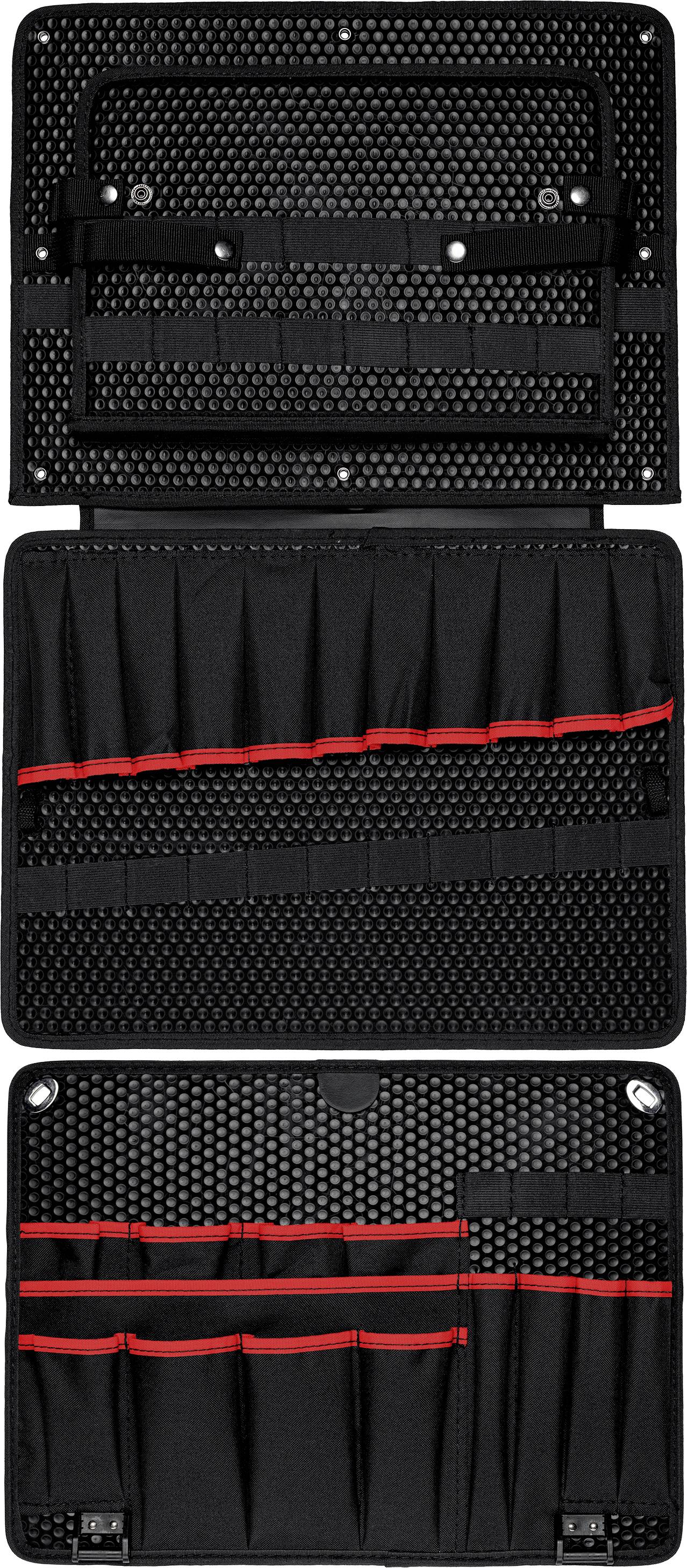 Étui organisateur noir avec plusieurs boucles élastiques et poches, adapté pour le rangement des outils ou des câbles.