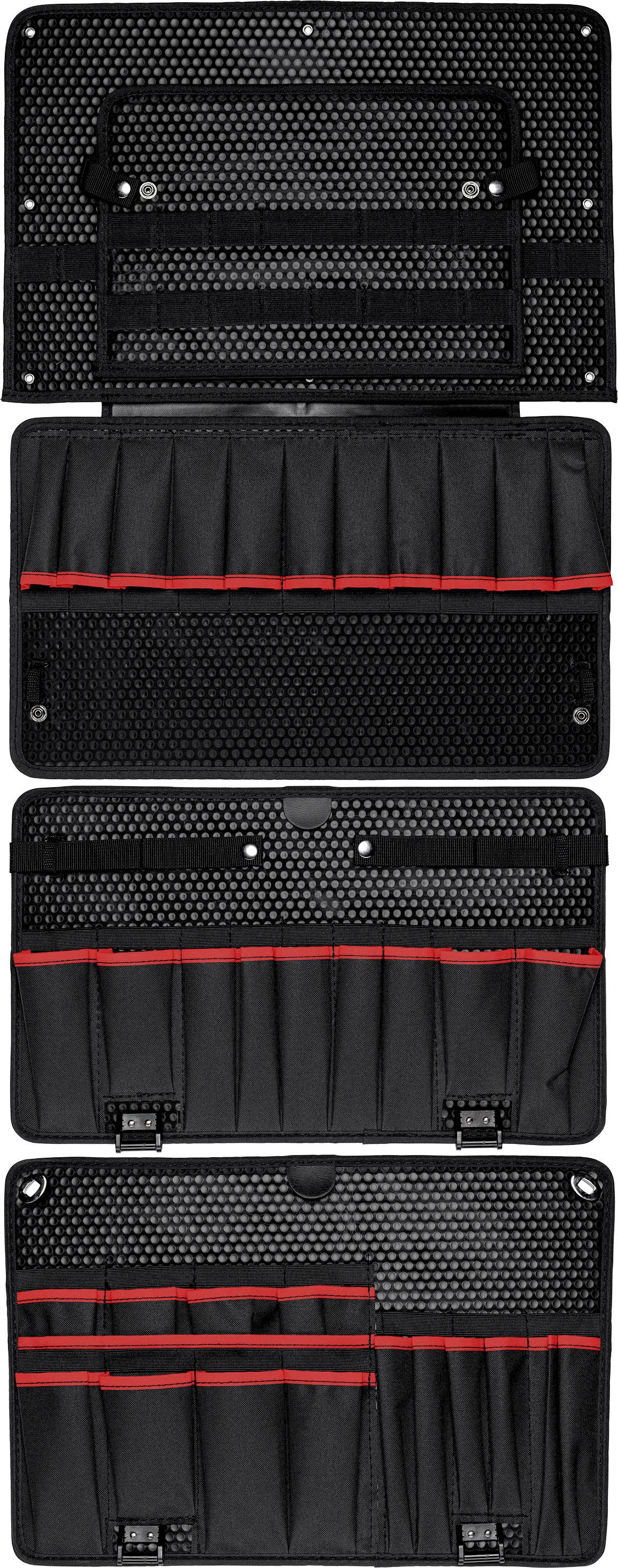 Sacs de rangement en matériau noir avec des touches de rouge. Les sacs comportent différents emplacements pour les outils ou les accessoires.