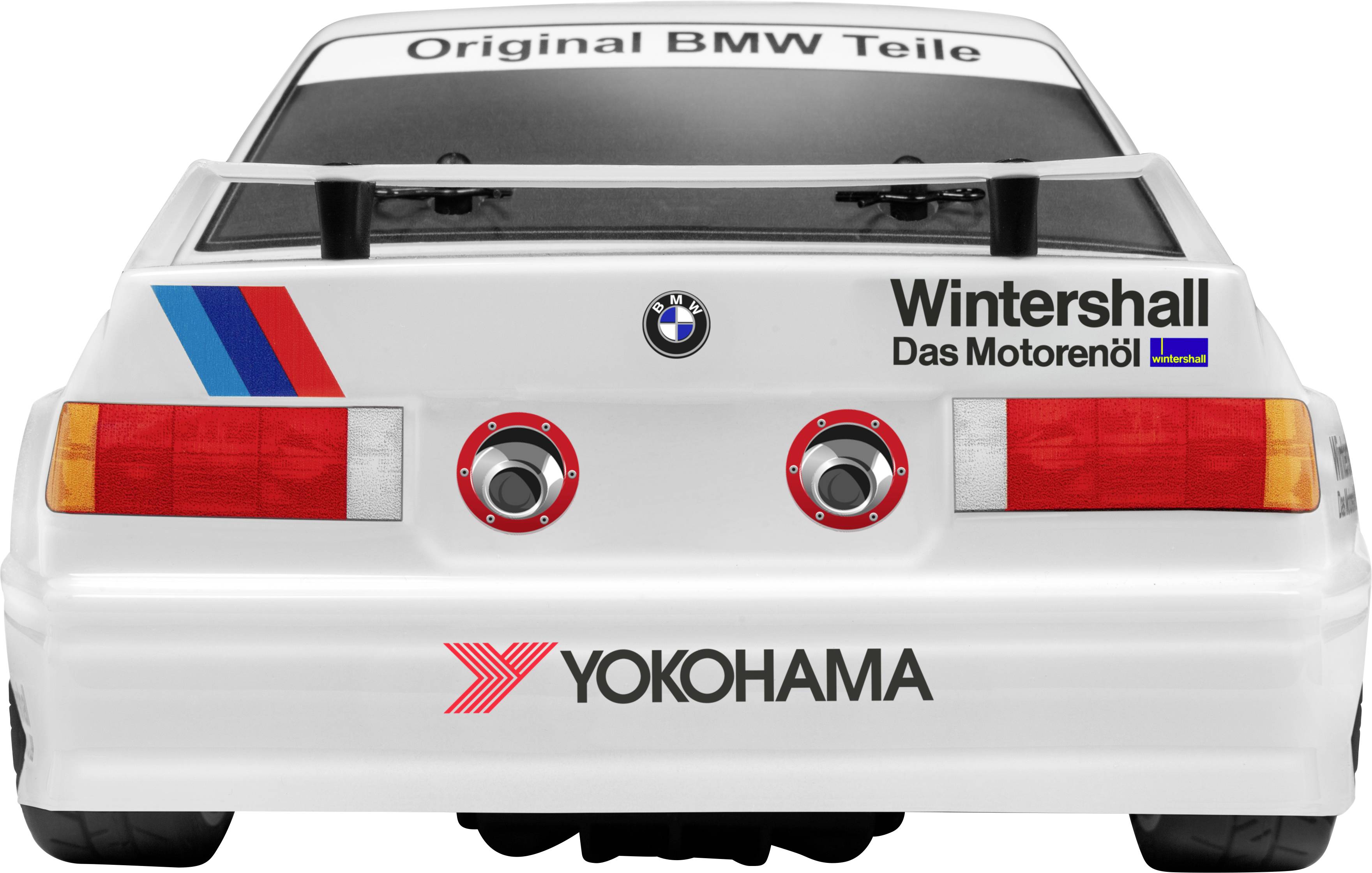 Une voiture de course blanche vue de l'arrière, avec le logo BMW, l'inscription 'Pièces BMW Originales', et la publicité de 'Wintershall' et 'Yokohama'.