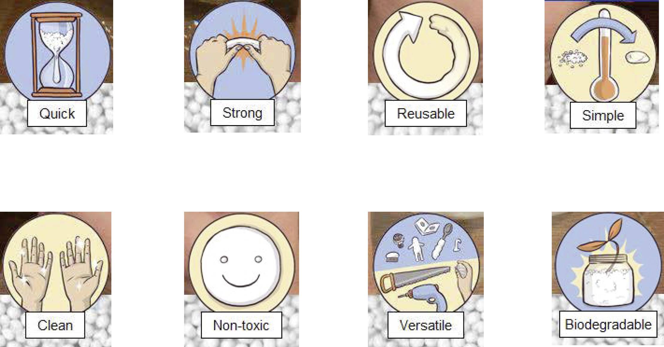 L'image montre huit symboles avec des descriptions : 'Rapide', 'Fort', 'Réutilisable', 'Simple', 'Propre', 'Non toxique', 'Polyvalent', 'Biodégradable'.