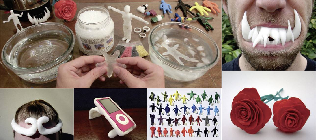 Une représentation collage de figures et d'objets blancs et flexibles, qui peuvent être pliés et modelés, avec des roses rouges en décoration.