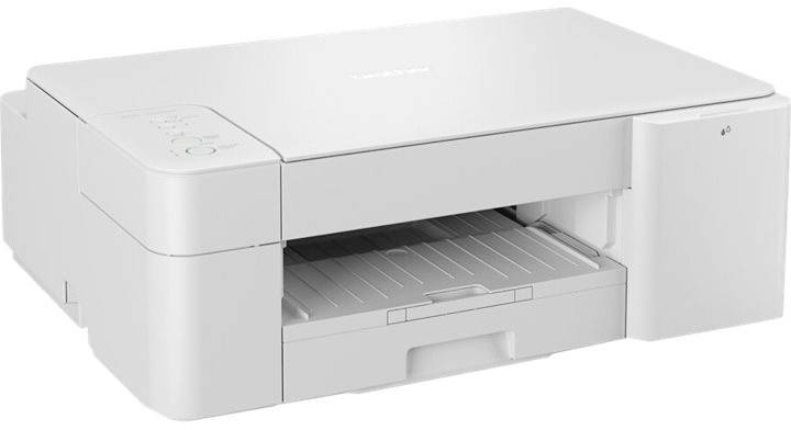 Imprimante blanche vue de côté, montrant les commandes et le bac à papier. Idéale pour une utilisation domestique.