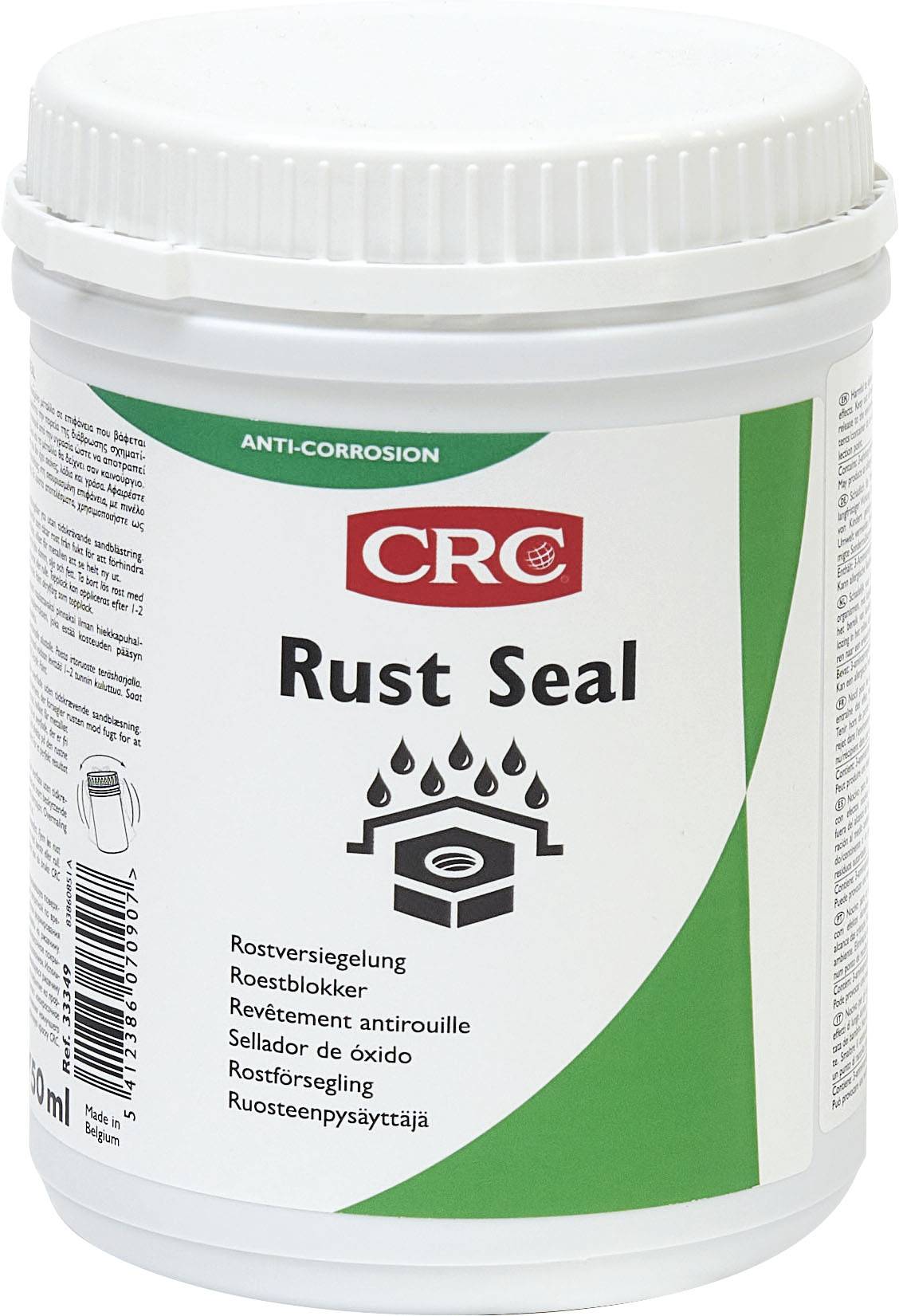 Un récipient blanc de CRC avec une étiquette verte sur laquelle est inscrit 'Rust Seal'. C'est un produit anticorrosion avec des propriétés de protection contre la rouille.