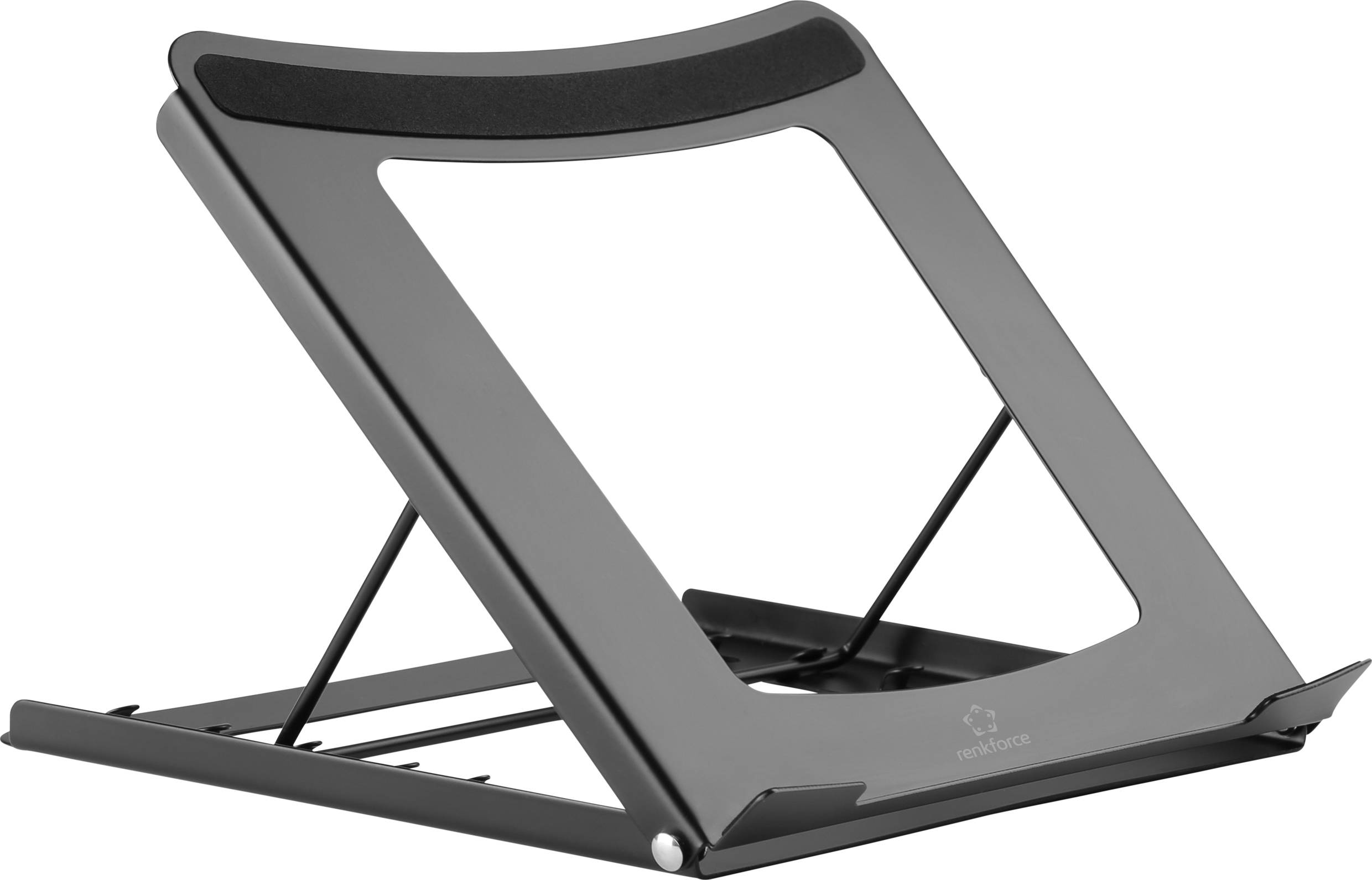 Un support de laptop réglable en métal avec surface supérieure noire, conçu pour améliorer l'ergonomie sur le poste de travail.