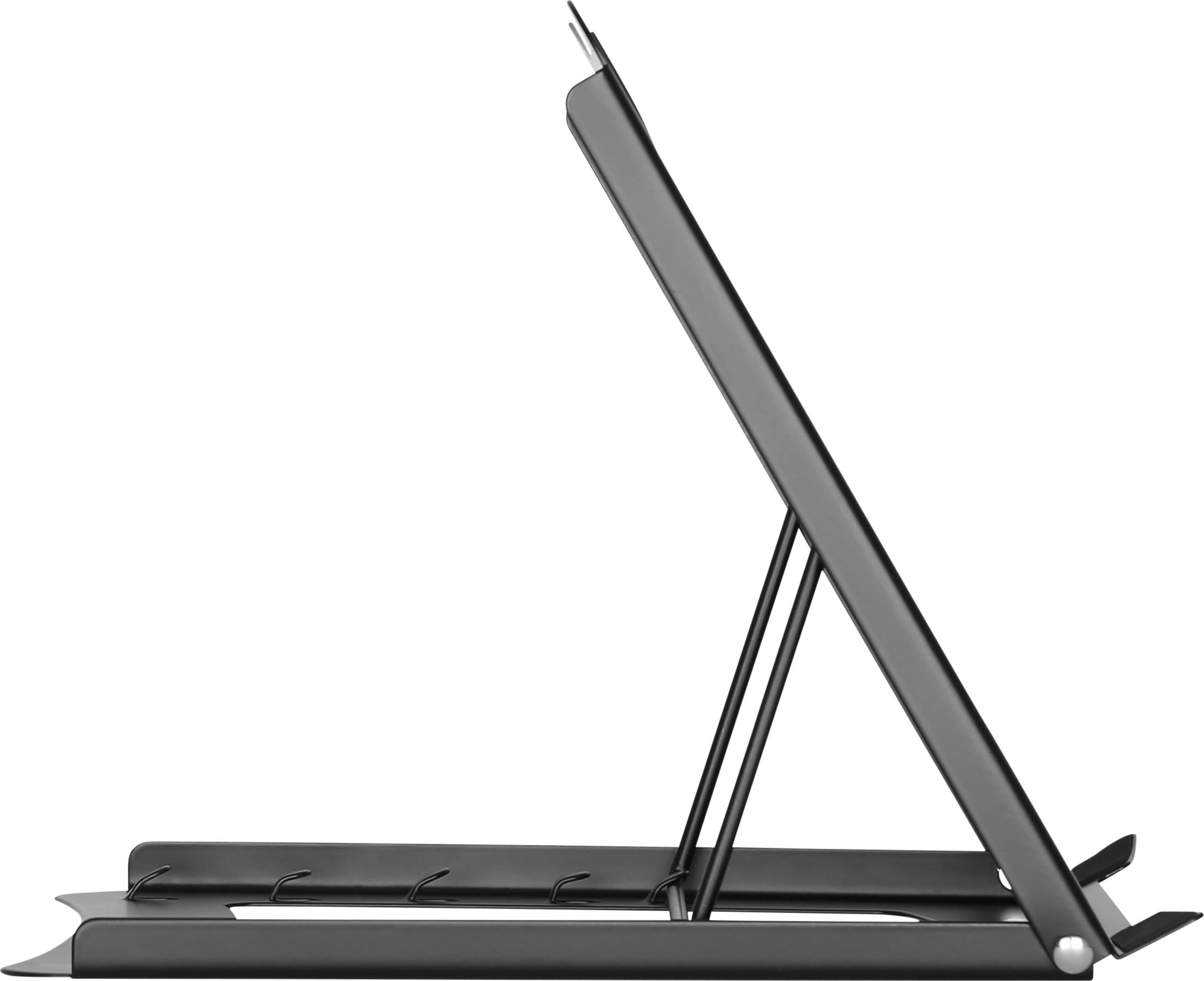 Un support pour ordinateur portable en métal noir, vu de côté, présenté dans une position inclinée.