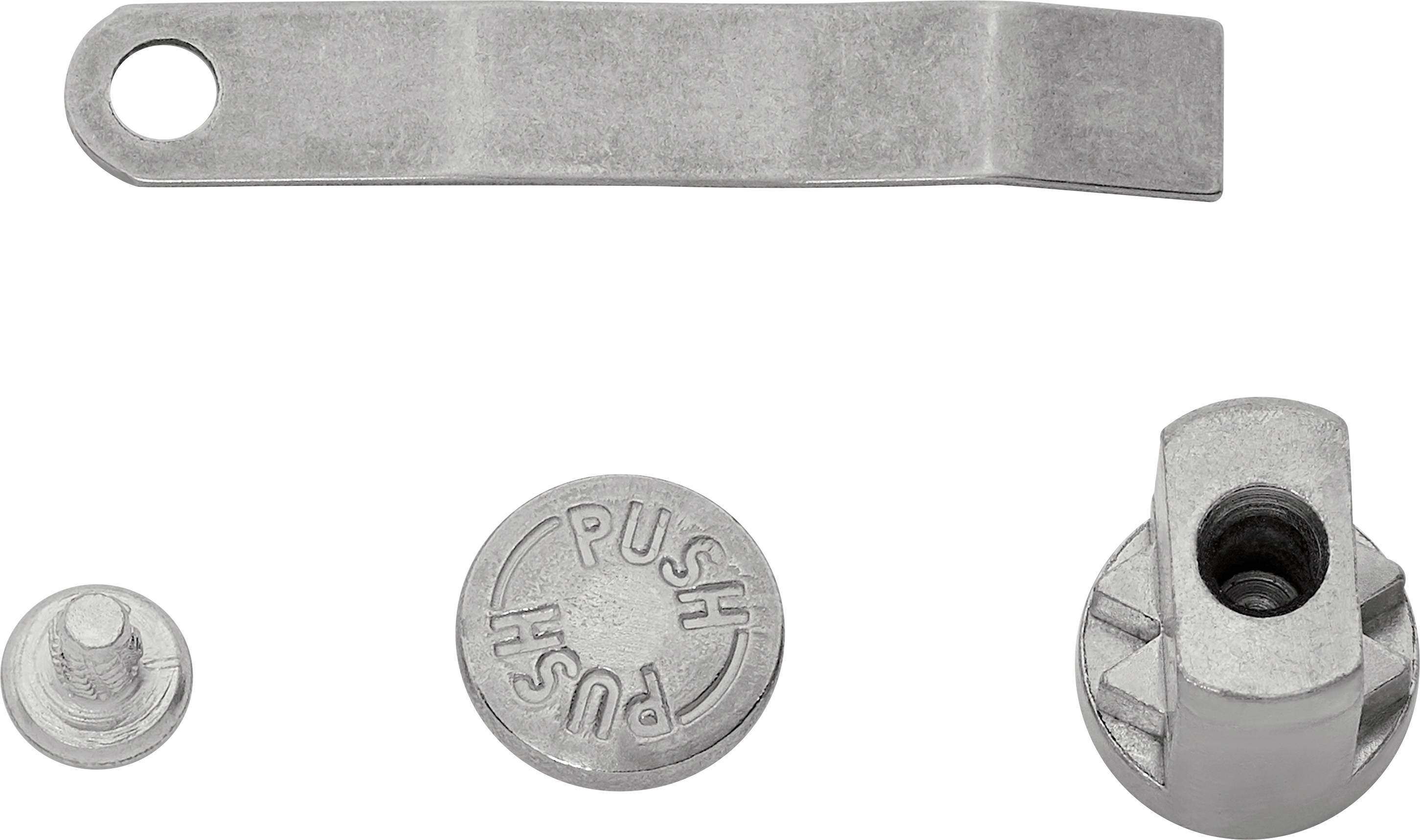 Quatre composants métalliques : un levier plat avec un trou, un bouton portant l'inscription « PUSH », un élément cylindrique arrondi et une vis.