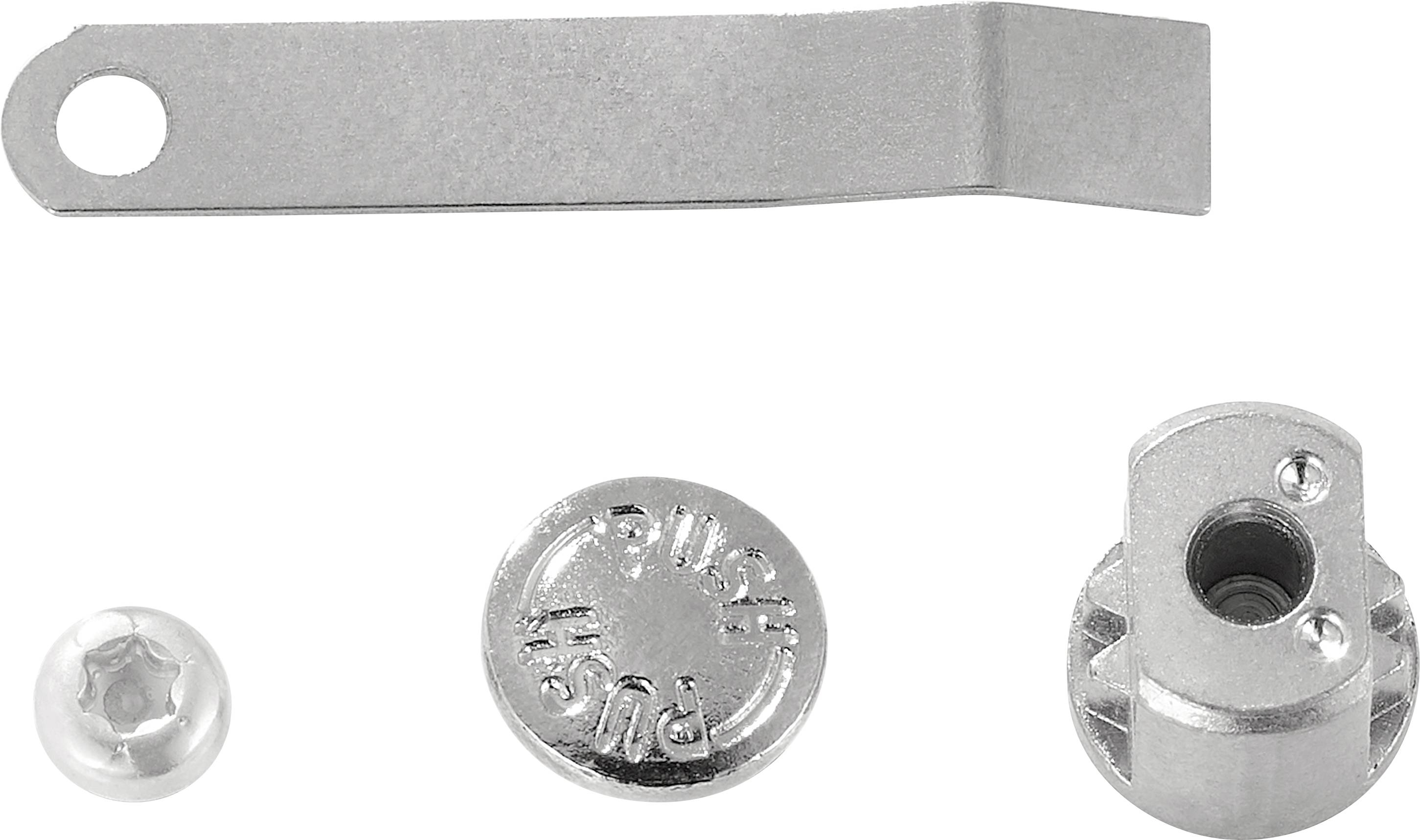 Éléments métalliques d'une fixation : œillet, bouton portant l'inscription 'PUSH', partie cylindrique avec trou de vis et support coudé avec un trou.