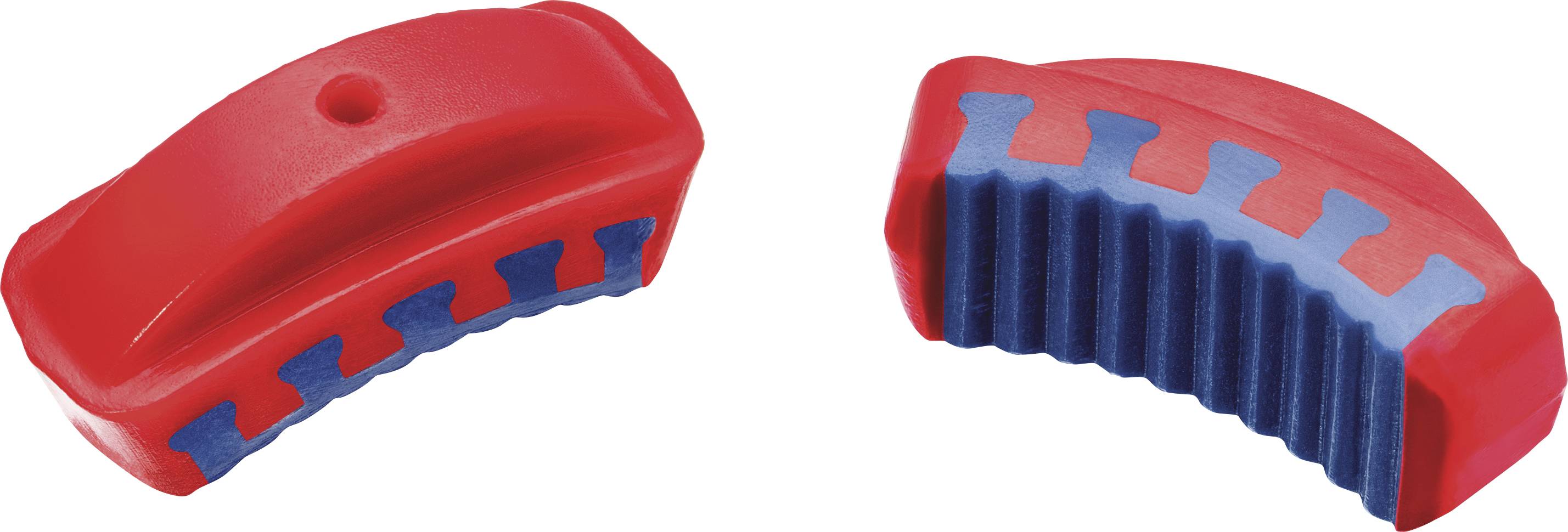 Deux objets arqués rouge et bleu, avec des zones bleues texturées au centre, pouvant potentiellement servir de poignées ou d'outils ergonomiques.