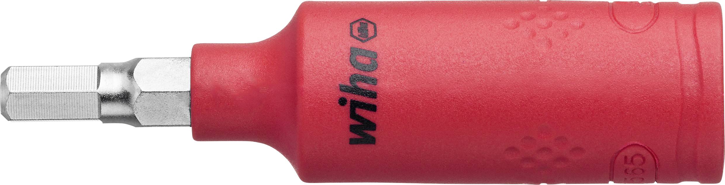 Une poignée de tournevis rouge de Wiha avec un support d'embout hexagonal en métal, adaptée pour les embouts.