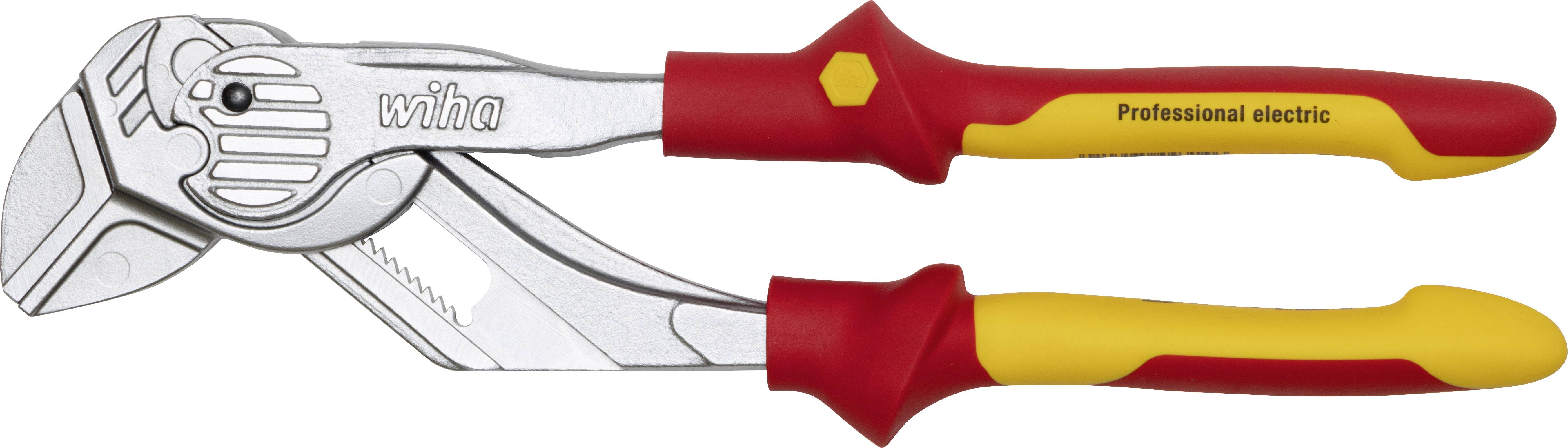 Pince multifonction rouge et jaune portant l'inscription « Wiha Professional electric ». Développée pour les travaux électriques.