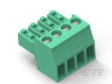 Connecteur rectangulaire vert avec quatre entrées et bornes à vis.