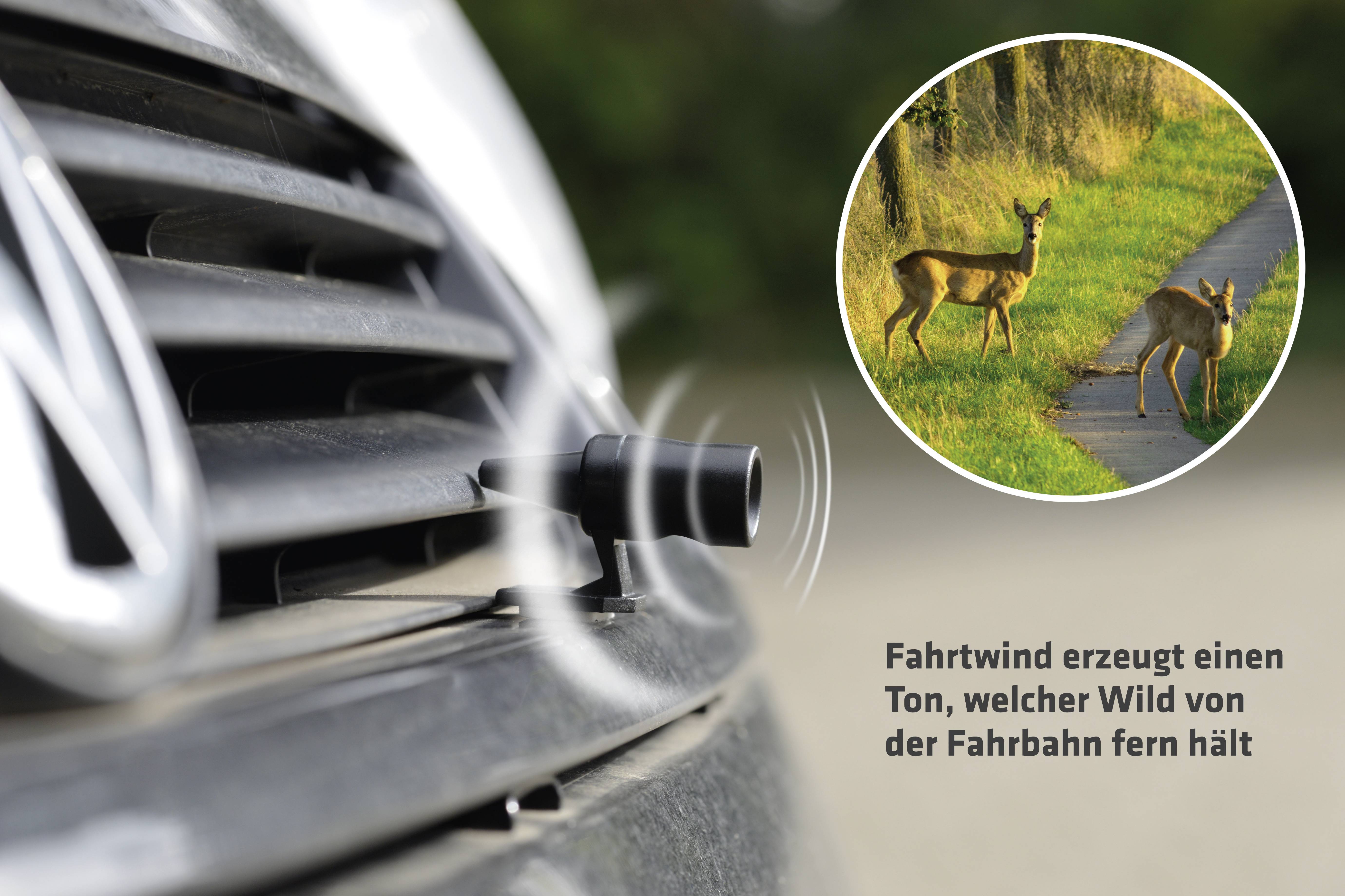 Le vent de déplacement produit un son qui éloigne la faune de la chaussée. L'image montre des chevreuils au bord de la route et un dispositif sur la voiture.