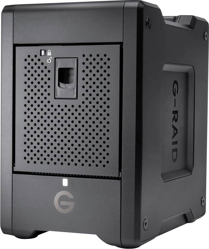 Dispositif de stockage G-RAID noir avec façade perforée et logo de marque. Conçu pour la gestion de données et la sauvegarde dans des environnements professionnels.