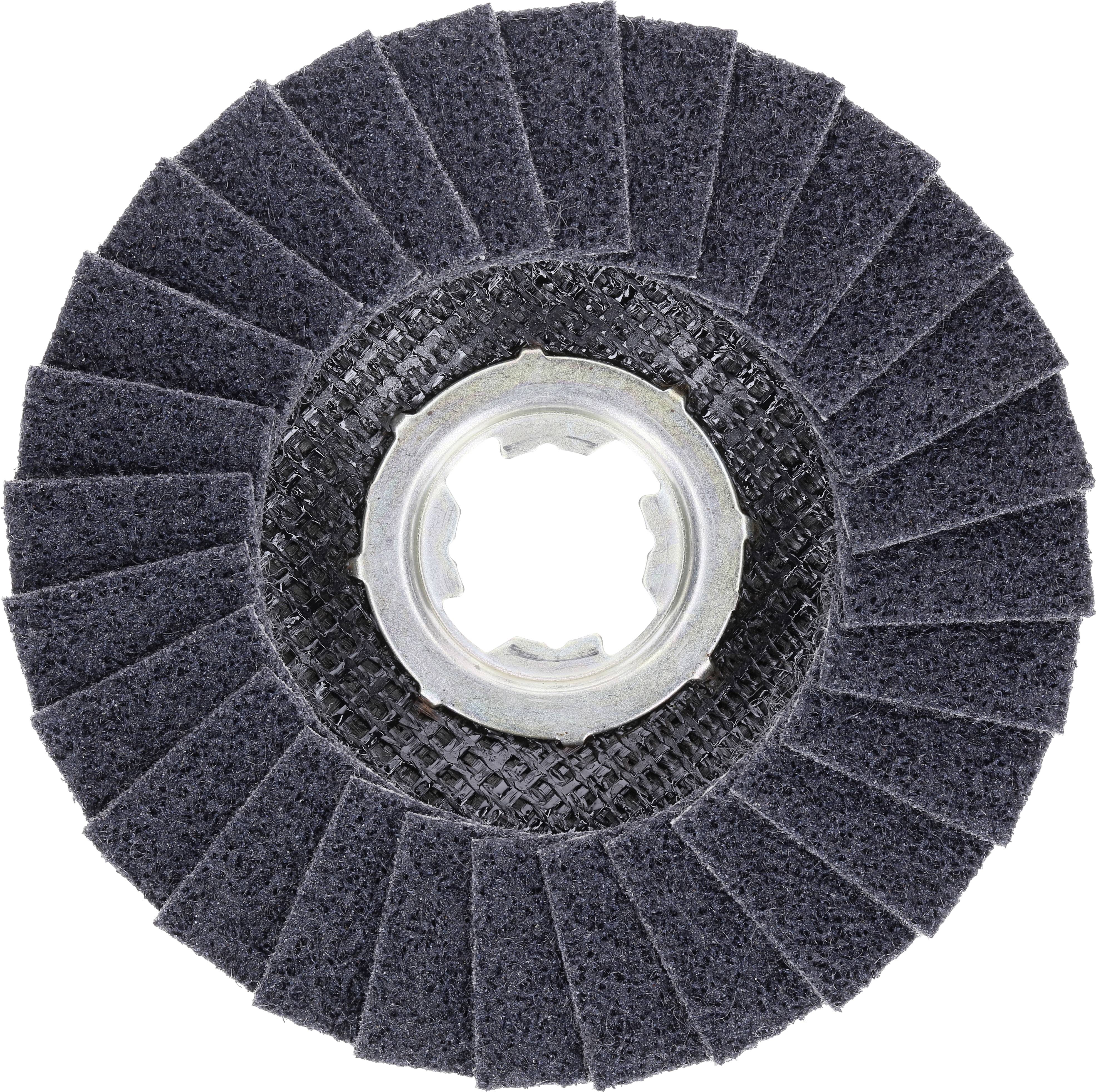Disque abrasif à surface noire et support central, utilisé pour lisser ou enlever des surfaces de matériaux.