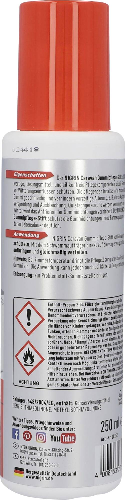 Dos d'une bombe aérosol rouge avec des symboles d'avertissement et des instructions pour une utilisation en toute sécurité. Contient des informations sur la quantité de contenu et le pays de fabrication.