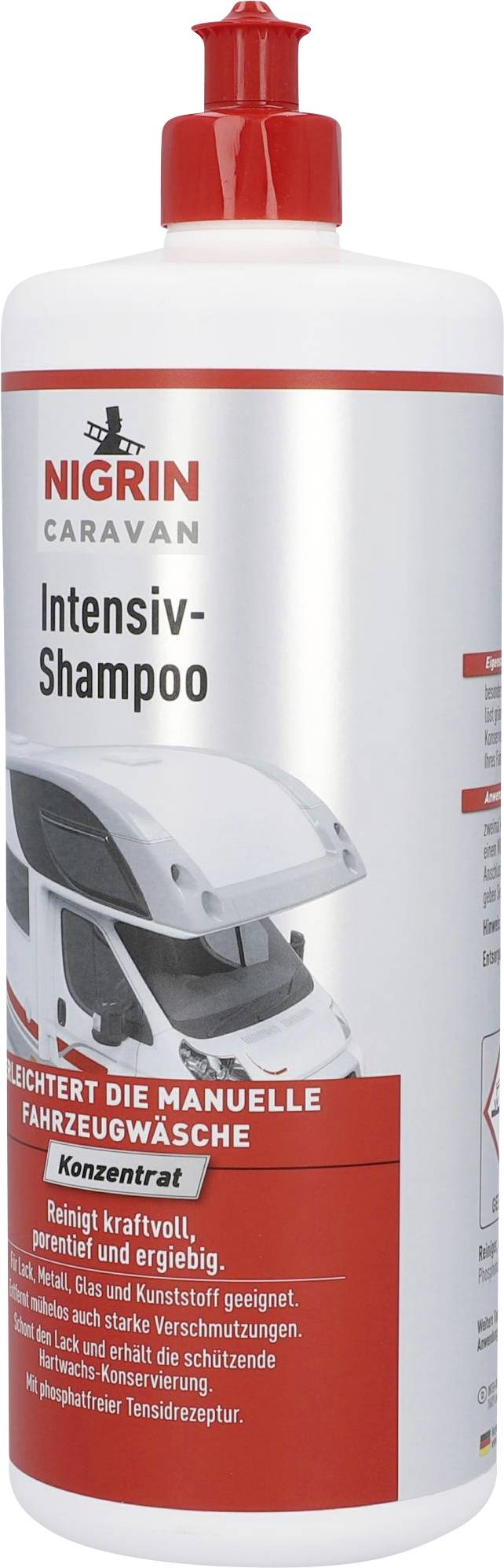 Bouteille de Shampoing Intensif Nigrin Caravan, renforcé pour le lavage manuel de véhicules. Texte soulignant un nettoyage puissant, respectueux de la peinture, sans additifs.