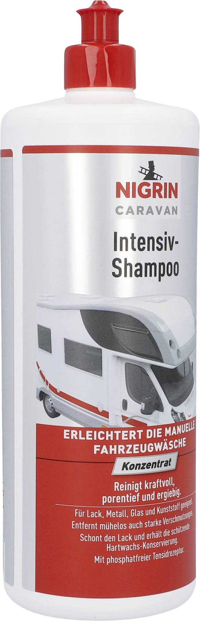 Bouteille de shampooing Nigrin Caravan Intensif, adapté à la peinture, au métal, au verre et au plastique. Élimination des salissures sans substances nocives.