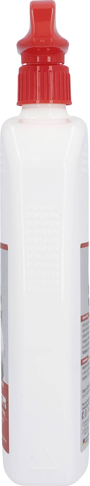 Bouteille blanche avec bouchon rouge, probablement un adhésif ou un produit de nettoyage.