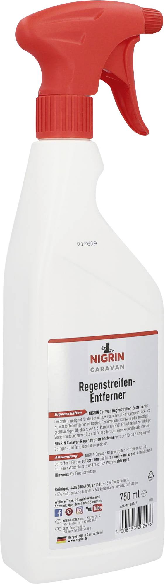 Vaporisateur avec déclencheur rouge et étiquette 'Nigrin Caravan Dissolvant de traces de pluie'. Contient des instructions de nettoyage et des informations de sécurité.