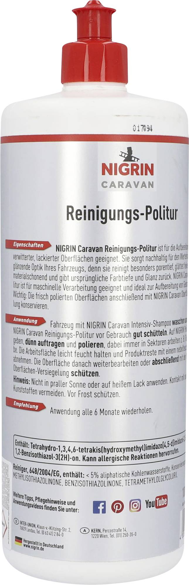 Bouteille de Polish Nigrin Caravan, blanc avec bouchon rouge. Produit de nettoyage et de polissage pour surfaces laquées.