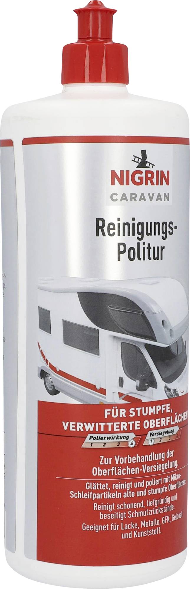 La bouteille indique 'Polish nettoyant Nigrin Caravan' pour surfaces mates et altérées. Adapté à la peinture, au métal, au PRV et aux matières plastiques.