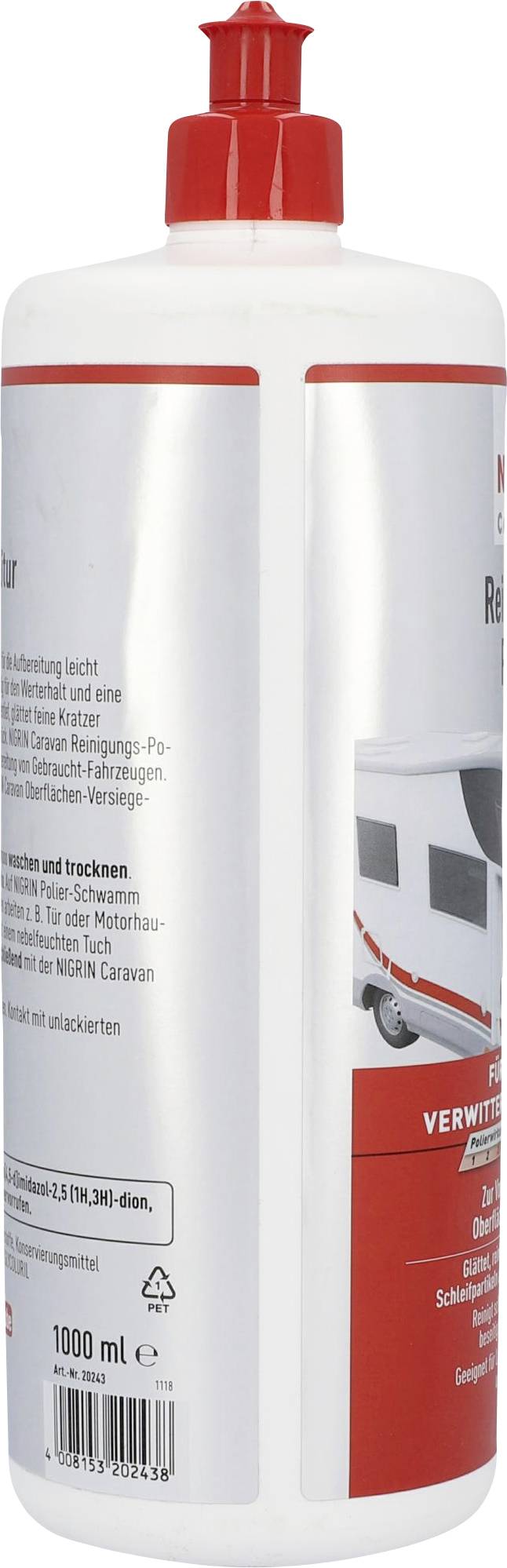 Bouteille en plastique avec un bouchon rouge, contenant un produit de nettoyage. L'étiquette montre une caravane blanche et rouge ainsi que du texte concernant l'utilisation du produit.