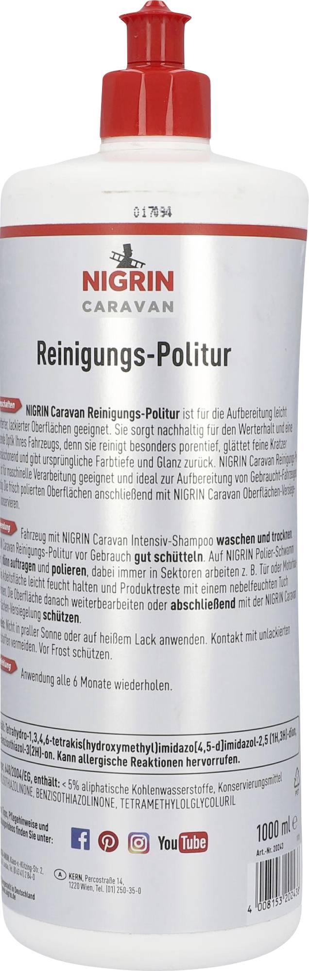 Bouteille de 'Nigrin Caravan Nettoyant-Polish'. Le texte explique l'application pour le nettoyage et l'entretien des surfaces de caravanes. Couvercle rouge.