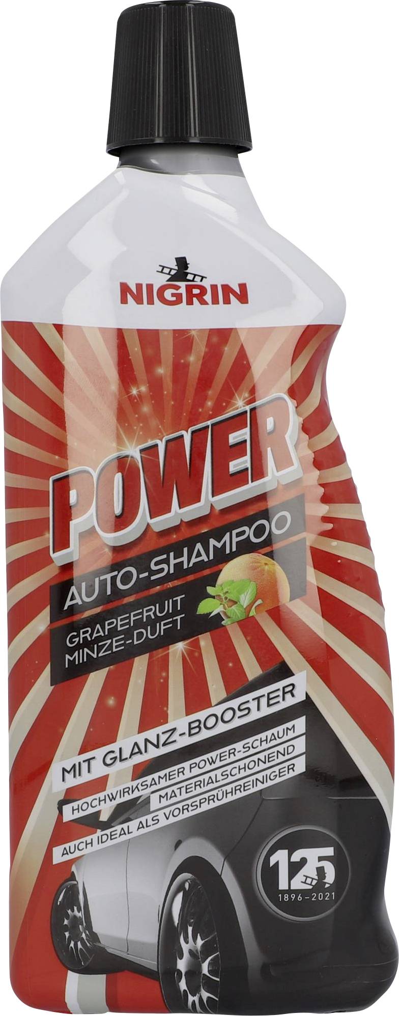 Une bouteille de Nigrin Auto-Shampoo 'Power' à l'arôme de pamplemousse et menthe. Avec un booster de brillance et adapté comme prélavage.