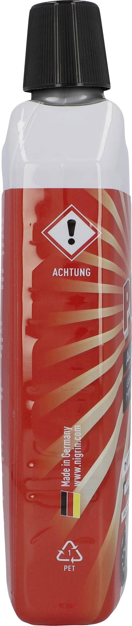 Bouteille en plastique avec étiquette rouge, symbole de danger, inscription 'Attention'. Contient un produit de nettoyage. Symbole de recyclage en dessous, matériau PET.