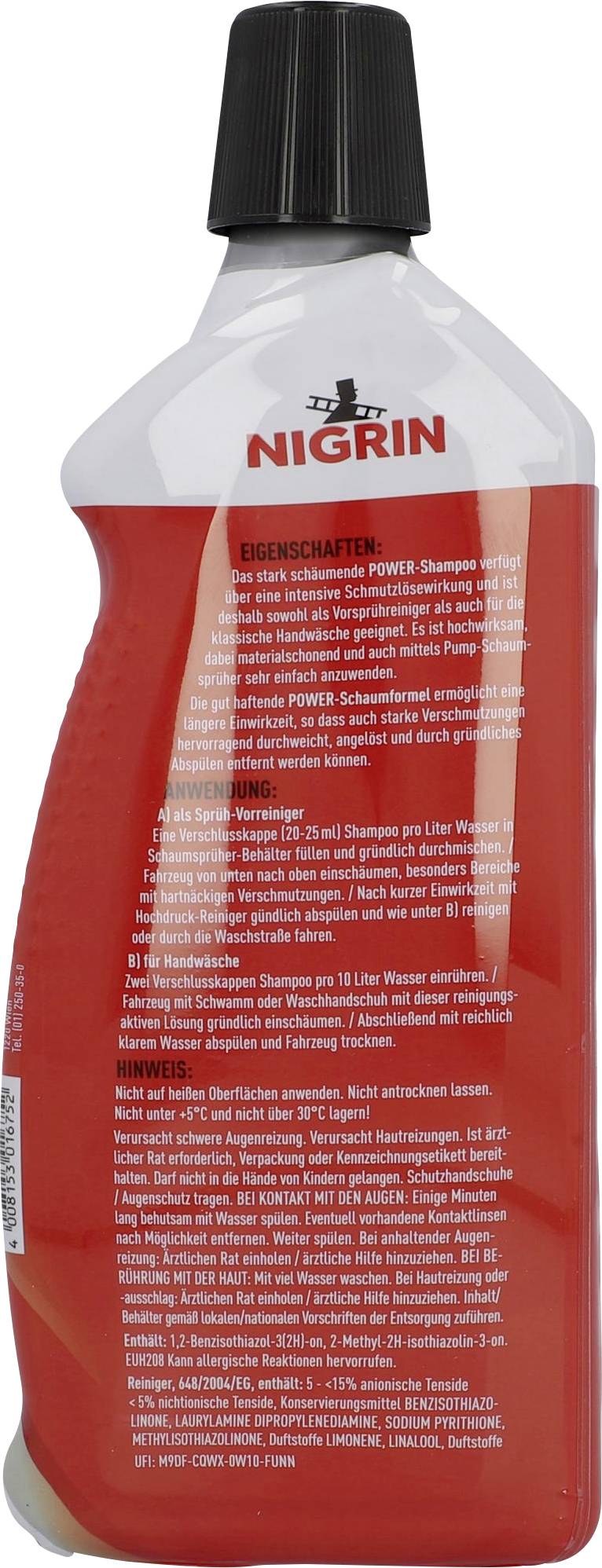 Une bouteille rouge de Nigrin avec bouchon. Contient des informations sur les caractéristiques et les instructions d'utilisation d'un produit de nettoyage pour automobile.