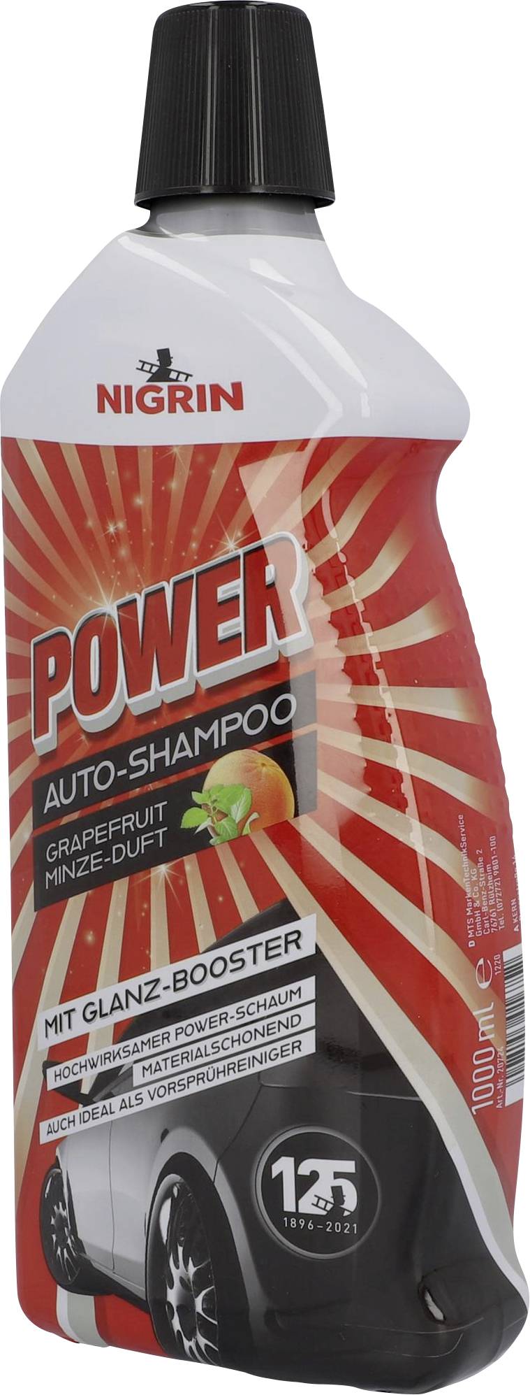 Bouteille de Nigrin Power Auto-Shampooing au parfum Pamplemousse-Menthe, Booster de brillance, adapté aux nettoyeurs haute pression, 1000 ml.