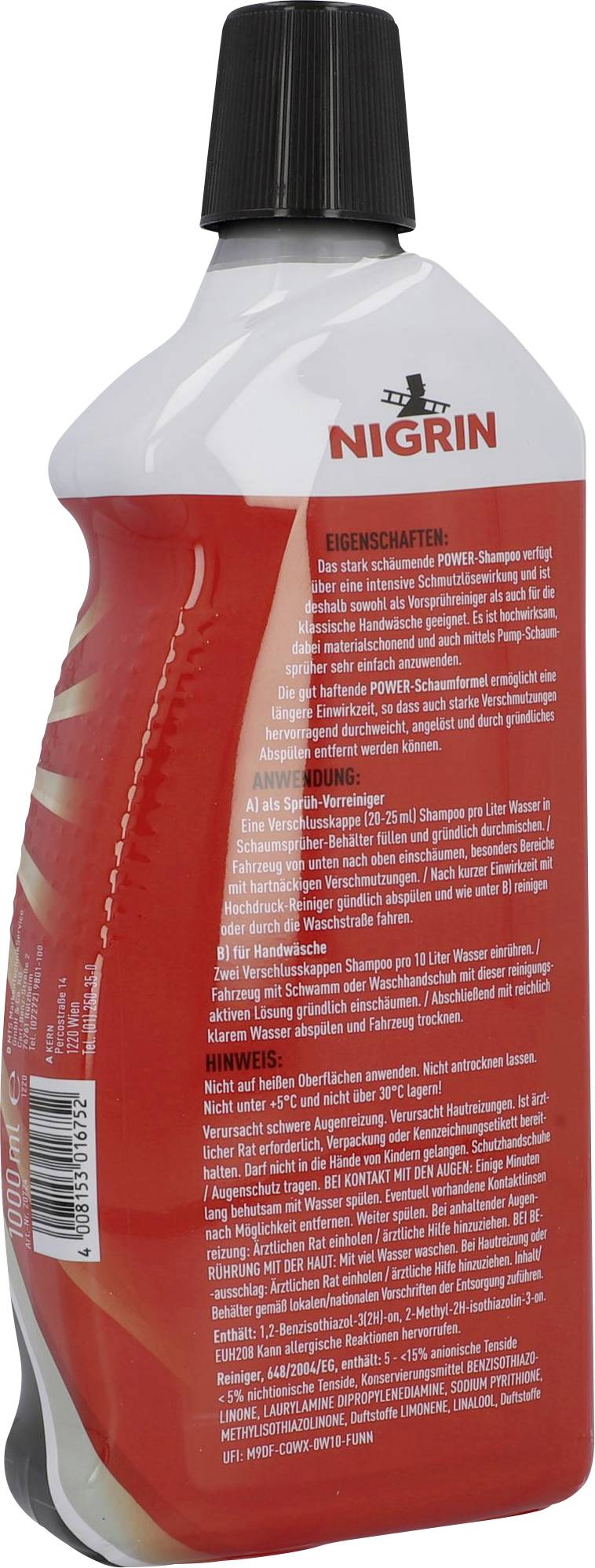 Bouteille avec emballage rouge et bouchon noir, étiquetée 'Nigrin'. Le texte décrit les caractéristiques du produit et les instructions d'utilisation.