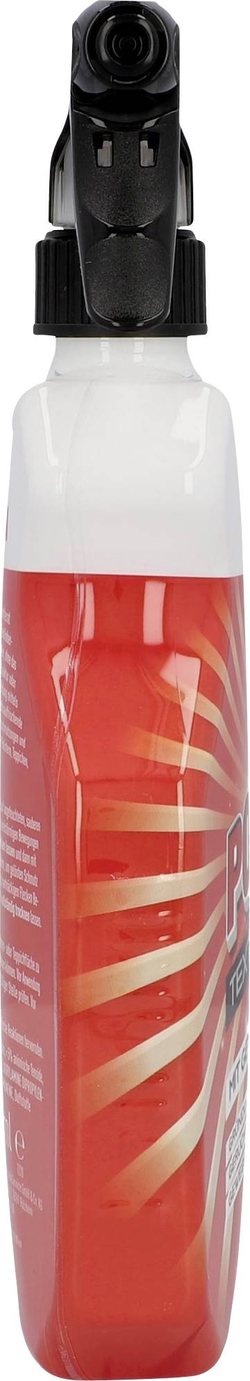 Bouteille de pulvérisation rouge avec un embout noir, probablement destinée aux produits capillaires ou de soin corporel. La bouteille présente un design rayonnant.