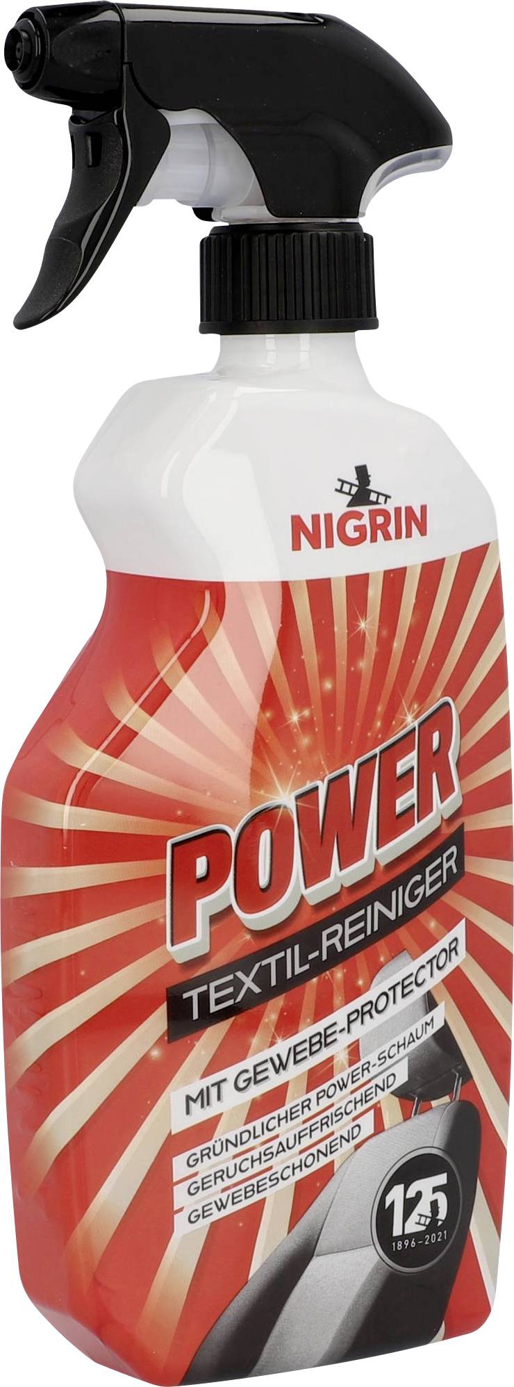 Bouteille d'un nettoyant textile avec vaporisateur, marque Nigrin. Étiquette en rouge avec l'inscription 'Power Textil-Reiniger' et 'Mit Gewebe-Protector'.