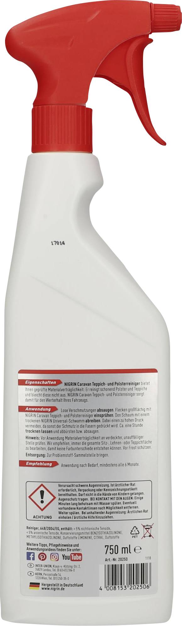 Bouteille de pulvérisation avec déclencheur rouge, contenant un nettoyant de surface. Étiquette avec consignes de sécurité et d'utilisation. Contenance de 750 ml.
